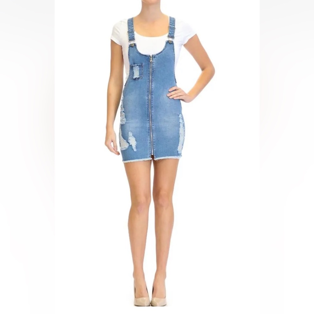 American Bazi Women's Casual Destroyed Denim Overall Zipper Dress